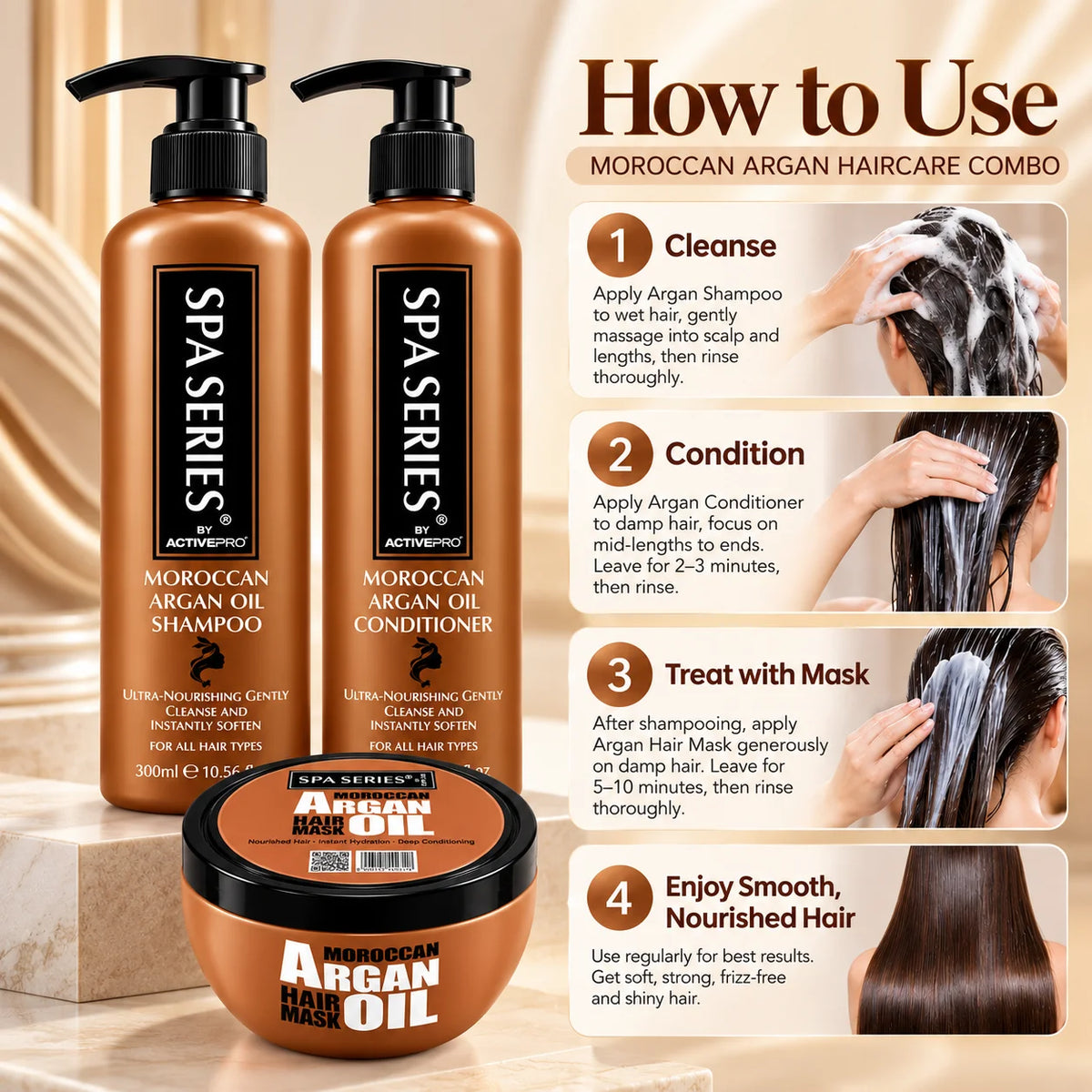 Moroccan Argan Oil Hair Care Trio  Spa Series by Active Pro